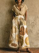 Women's Old Money Style Linen Shirt & Abstract Print Wide Leg Pants Two-Piece Set ZMZ2465D6YZH