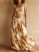 Women's Elegant Neutral Tone Beige Crop Top & Cream Taupe Floral Tiered Maxi Skirt Set ZMZ2446D8YZH