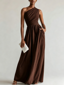 Women's Elegant Style Textured Cotton-Blend One-Shoulder Ruched Maxi Dress With Pockets ZMZ2559D2YZH