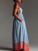 Women's Vacation Style Linen-Cotton Halter Neck Striped Hem Maxi Dress With Pockets ZMZ2496D4YZH