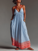 Women's Vacation Style Linen-Cotton Halter Neck Striped Hem Maxi Dress With Pockets ZMZ2496D4YZH