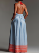 Women's Vacation Style Linen-Cotton Halter Neck Striped Hem Maxi Dress With Pockets ZMZ2496D4YZH