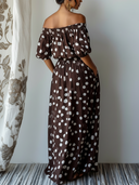 Women's Vacation Style Chiffon Polka Dot Off-Shoulder Smocked Waist Maxi Dress With Pockets ZMZ2436D3YZH