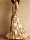 Women's Elegant Neutral Tone Beige Crop Top & Cream Taupe Floral Tiered Maxi Skirt Set ZMZ2446D8YZH