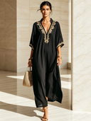 Women's Classic V-Neck Cotton-Linen Maxi Dress — Embroidered, Loose-Fit, With Side Slits ZMZ2550D5U