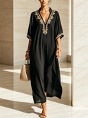 Women's Classic V-Neck Cotton-Linen Maxi Dress — Embroidered, Loose-Fit, With Side Slits ZMZ2550D5U