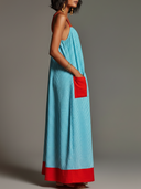 Women's Vacation Style Linen-Cotton Striped Color Block Spaghetti Strap Maxi Dress With Pockets ZMZ2409D1YZH