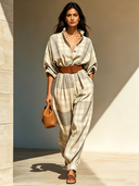 Women's Classic Plaid Stand-Collar Long-Sleeve Loose-Fit Jumpsuit (Belt Included) ZMZ2534D8U