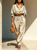 Women's Classic Plaid Stand-Collar Long-Sleeve Loose-Fit Jumpsuit (Belt Included) ZMZ2534D8U