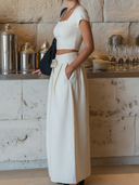 Women's Old Money Style Crop Top & Linen Drawstring Waist Maxi Skirt Two-Piece Set ZMZ2414D3YZH