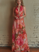 Women's Vacation Style Chiffon Floral Print Sleeveless Mock Neck Maxi Dress ZMZ2499D9YZH
