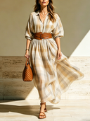 Women's Classic Plaid Chiffon V-Neck Long-Sleeve Maxi Dress (Belt Included) ZMZ2564D3U