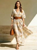 Women's Classic Plaid Chiffon V-Neck Long-Sleeve Maxi Dress (Belt Included) ZMZ2564D3U