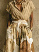 Women's Old Money Style Linen Shirt & Abstract Print Wide Leg Pants Two-Piece Set ZMZ2465D6YZH