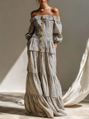 Women's Vacation Style Linen-Blend Striped Off-Shoulder Tiered Maxi Dress With Pockets ZMZ2562D5YZH