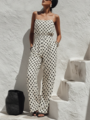 Women's Vacation Style Linen-Blend Polka Dot Spaghetti Strap Wide Leg Jumpsuit With Pockets ZMZ2551D4YZH