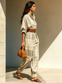 Women's Classic Plaid Stand-Collar Long-Sleeve Loose-Fit Jumpsuit (Belt Included) ZMZ2534D8U