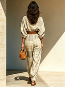 Women's Classic Plaid Stand-Collar Long-Sleeve Loose-Fit Jumpsuit (Belt Included) ZMZ2534D8U