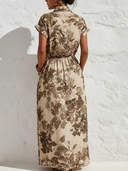 Women's Old Money Style Linen-Blend Botanical Print Rolled Sleeve Shirt Maxi Dress With Pockets ZMZ2066D9P