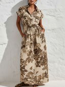 Women's Old Money Style Linen-Blend Botanical Print Rolled Sleeve Shirt Maxi Dress With Pockets ZMZ2066D9P