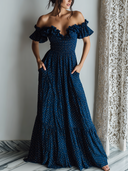 Women's Vacation Style Chiffon Polka Dot Off-Shoulder Ruffle Tiered Maxi Dress With Pockets & Detachable Straps ZMZ2544D8YZH