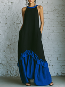 Women's Artistic Linen-Blend Color Block Halter Neck Maxi Dress With Ruffle Hem & Pockets ZMZ2501D7YZH