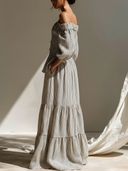 Women's Vacation Style Linen-Blend Striped Off-Shoulder Tiered Maxi Dress With Pockets ZMZ2562D5YZH
