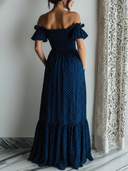 Women's Vacation Style Chiffon Polka Dot Off-Shoulder Ruffle Tiered Maxi Dress With Pockets & Detachable Straps ZMZ2544D8YZH