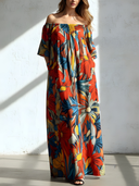 Women's Casual Resort-Style Floral Print Cotton-Blend Off-Shoulder Short-Sleeve Loose Maxi Dress ZMZ2575D3ZYY