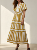Women's Casual & Stylish With Yellow And White Vertical Stripes Short Sleeve V-Neck Maxi Dress ZMZ2508D6ZYY