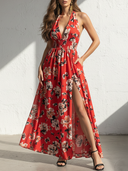 Women's Elegant French Romantic Chiffon Printed — Deep V-Neck, Sleeveless Maxi Dress ZMZ2572D6ZYY