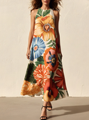 Women's Elegant Retro Cotton-Blend — Vibrant Floral Print, Round Neck, Sleeveless, Loose Fit Midi Dress ZMZ2572D3ZYY