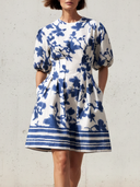 Women's Elegant Retro Cotton-Blend — Round Neck, Lantern Short Sleeves Mini Dress  ZMZ2595D5ZYY