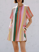 Women's Fashion Casual  Colorful Vertical Stripe Print And Round Neckline Short-Sleeve Mini Dress ZMZ2531D3ZYY