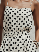 Women's Vacation Style Linen-Blend Polka Dot Spaghetti Strap Wide Leg Jumpsuit With Pockets ZMZ2551D4YZH