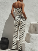 Women's Vacation Style Linen-Blend Polka Dot Spaghetti Strap Wide Leg Jumpsuit With Pockets ZMZ2551D4YZH
