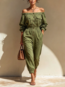 Women's Classic Cotton Army Green Off-Shoulder Front Button Jumpsuit ZMZ2531D1U