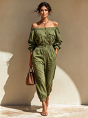 Women's Classic Cotton Army Green Off-Shoulder Front Button Jumpsuit ZMZ2531D1U