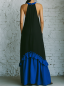 Women's Artistic Linen-Blend Color Block Halter Neck Maxi Dress With Ruffle Hem & Pockets ZMZ2501D7YZH