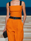 Women's Runway Style Textured Linen-Blend Square Neck Wide Leg Jumpsuit With Belt & Contrast Straps ZMZ2451D2YZH