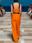 Women's Runway Style Textured Linen-Blend Square Neck Wide Leg Jumpsuit With Belt & Contrast Straps ZMZ2451D2YZH