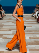 Women's Runway Style Textured Linen-Blend Square Neck Wide Leg Jumpsuit With Belt & Contrast Straps ZMZ2451D2YZH