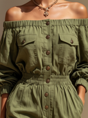 Women's Classic Cotton Army Green Off-Shoulder Front Button Jumpsuit ZMZ2531D1U