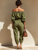 Women's Classic Cotton Army Green Off-Shoulder Front Button Jumpsuit ZMZ2531D1U