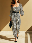 Women's Elegant Long-Sleeve Black And White Zebra Print Jumpsuit (Belt Included) ZMZ2555D6U