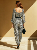 Women's Elegant Long-Sleeve Black And White Zebra Print Jumpsuit (Belt Included) ZMZ2555D6U