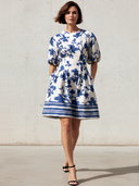 Women's Elegant Retro Cotton-Blend — Round Neck, Lantern Short Sleeves Mini Dress  ZMZ2595D5ZYY
