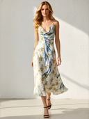 Women's Elegant Retro Satin Printed Cowl-Neck Sleeveless Midi Dress ZMZ2568D0ZYY