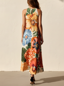 Women's Elegant Retro Cotton-Blend — Vibrant Floral Print, Round Neck, Sleeveless, Loose Fit Midi Dress ZMZ2572D3ZYY