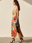 Women's Elegant Retro Cotton-Blend — Vibrant Floral Print, Round Neck, Sleeveless, Loose Fit Midi Dress ZMZ2572D3ZYY